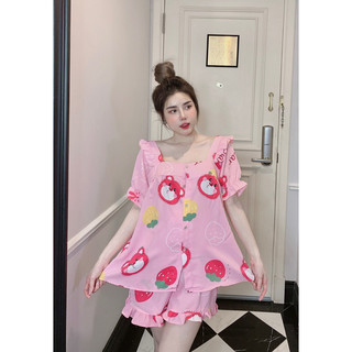 Bộ pijama nữ bộ đồ ngủ tay ngắn quần cộc cổ vuông tiểu thư lụa mango buộc dây sau freesize 40-60kg Thiết Kế Chun's Sleep