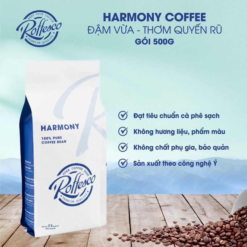 Cà Phê Nguyên Chất Pha Phin ROFFESCO HARMONY Vị Đắng Vừa Hương Thơm Dịu Quyến Rũ Túi 500G
