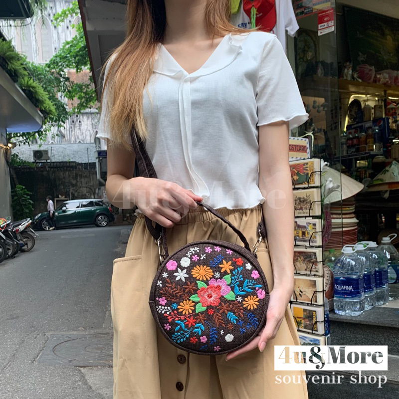 Túi vải xách tay đeo chéo hình tròn thêu thổ cẩm phong cách bohemian đi biển, dã ngoại