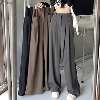  Quần ống rộng nữ  quần ống suông nữ lưng cao túi trước màu đen nâu vải Ruby dày dặn dáng culottes dài 100cm Larosa 