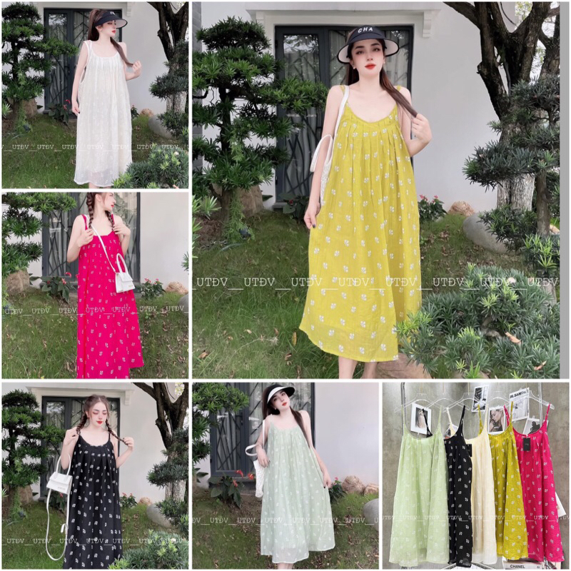 Váy Maxi 2s Kẻ Hồng Đi Biển Xếp Li Ngực Dây Tết