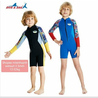  Đồ bơi giữ nhiệt tay dài quần ngắn khoá trước dày 2.5mm cho bé trai 12-32kg M153722K xanh cổ tay đỏ,đen cổ tay vàng 