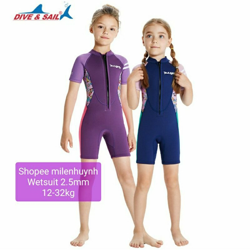 Đồ bơi giữ nhiệt ngắn tay khoá trước WS M153679K dày 2.5mm xanh , tím in chữ Dive & Sail cực dễ thương cho bé gái