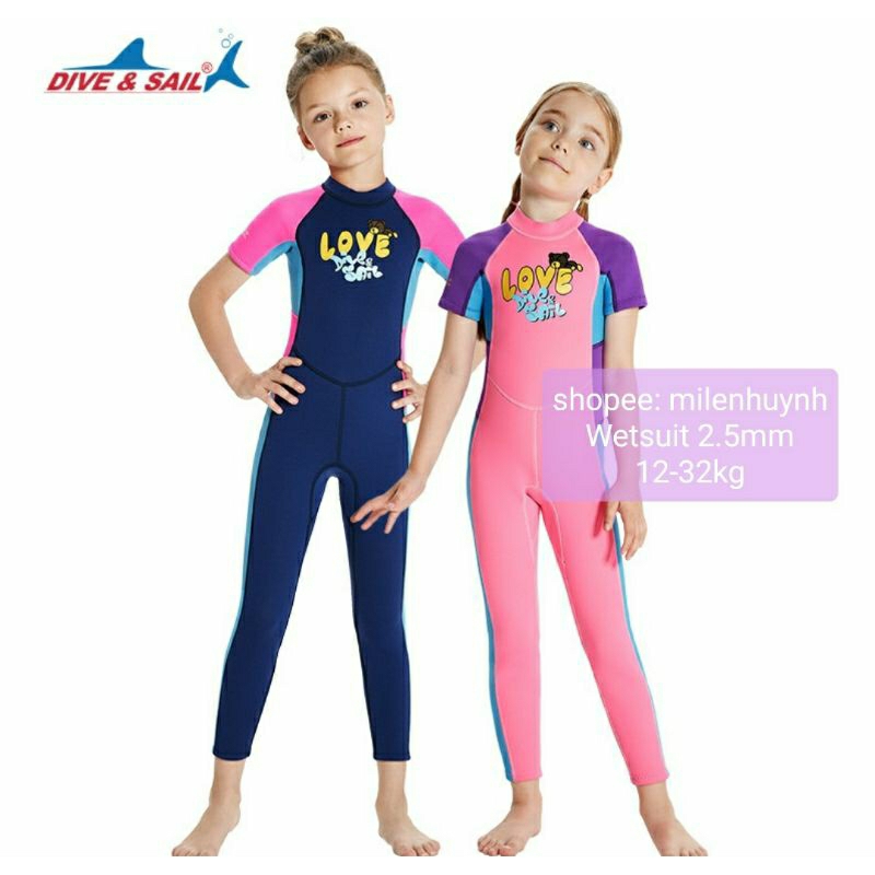 Đồ bơi giữ nhiệt ngắn tay, dài chân WS M153878K dày 2.5mm xanh , hồng in chữ Love Dive & Sail cực dễ thương cho bé gái