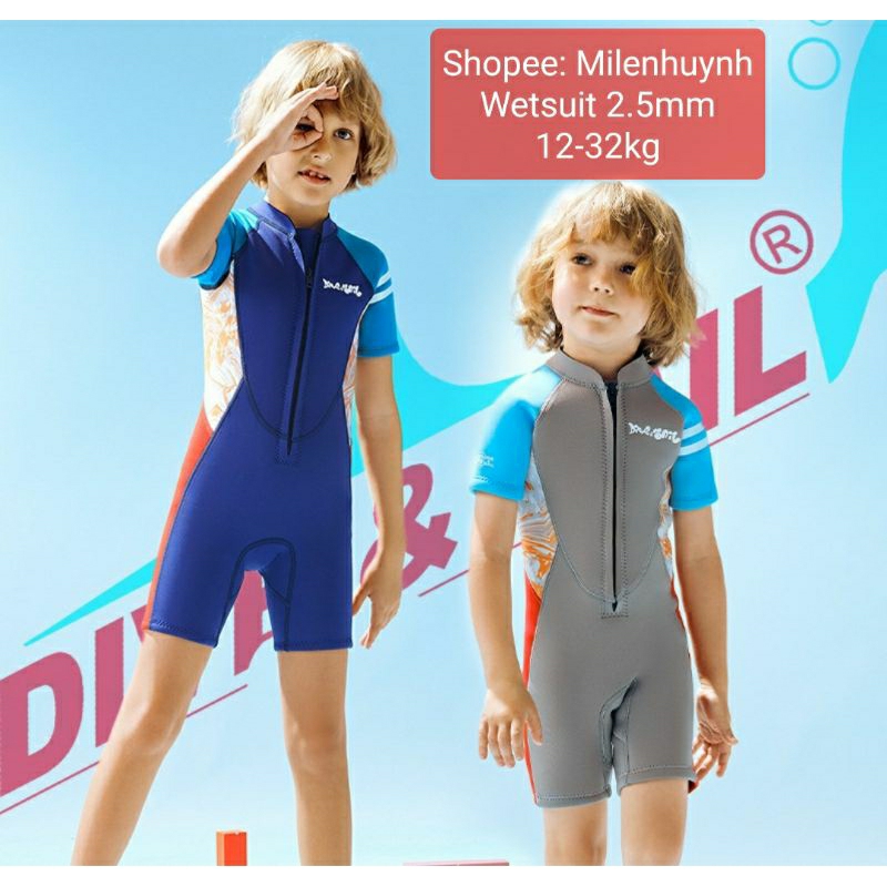 Đồ bơi giữ nhiệt ngắn tay khoá kéo trước M153620K dày 2.5mm xanh, xám cực dễ thương cho bé trai