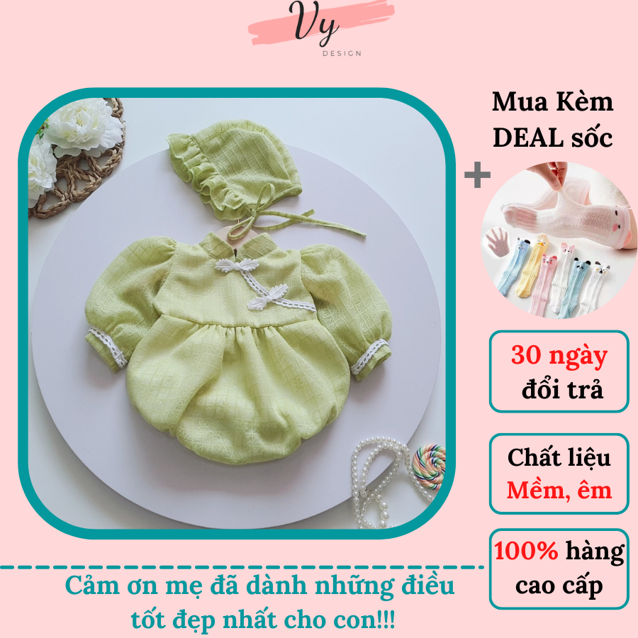 Váy Bé Gái Sơ Sinh VY DESIGN. Bodysuit Cho Bé Cổ Tàu Xanh Kèm Phụ Kiện, Chất Mát. Đầm Đầy Tháng, Váy Công Chúa Sơ Sinh