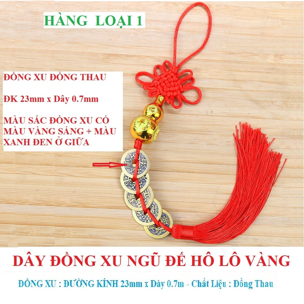 Dây đồng tiền xu Ngũ Đế gắn hồ lô vàng, dây phong thủy chiêu tài rước lộc may mắn (xâu 5 xu)