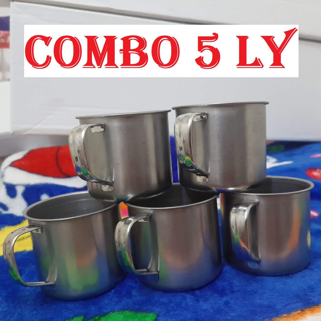Combo 5 Ly inox có quai uống nước. Ca làm đá có quai bằng inox