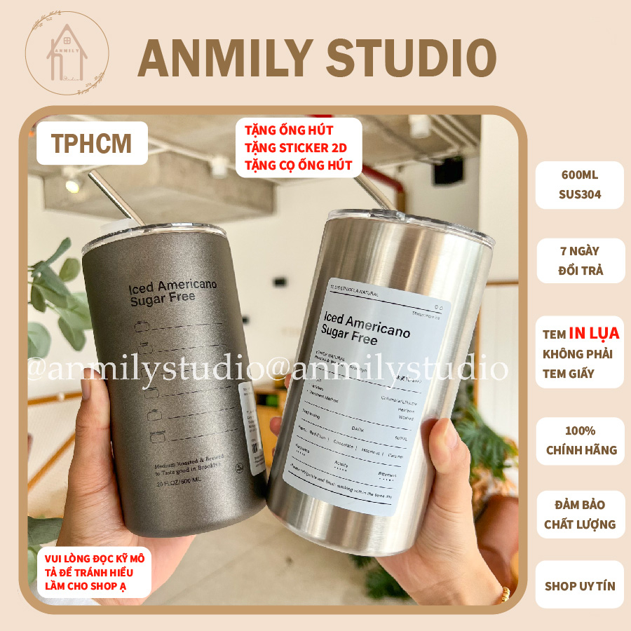 Cốc giữ nhiệt văn phòng ANMILY CUP Iced Americano 600ml bằng thép không gỉ 304 có ống hút kèm theo | tặng sticker 2D