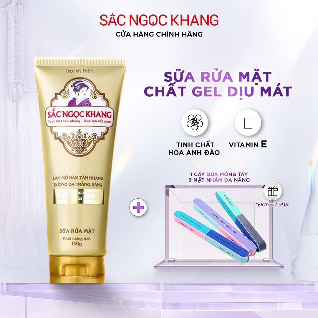 Sữa Rửa Mặt Sắc Ngọc Khang 100g công thức Gel dịu mát + hạt tinh thể vitamin E giúp làm sạch dịu nhẹ & không làm khô da