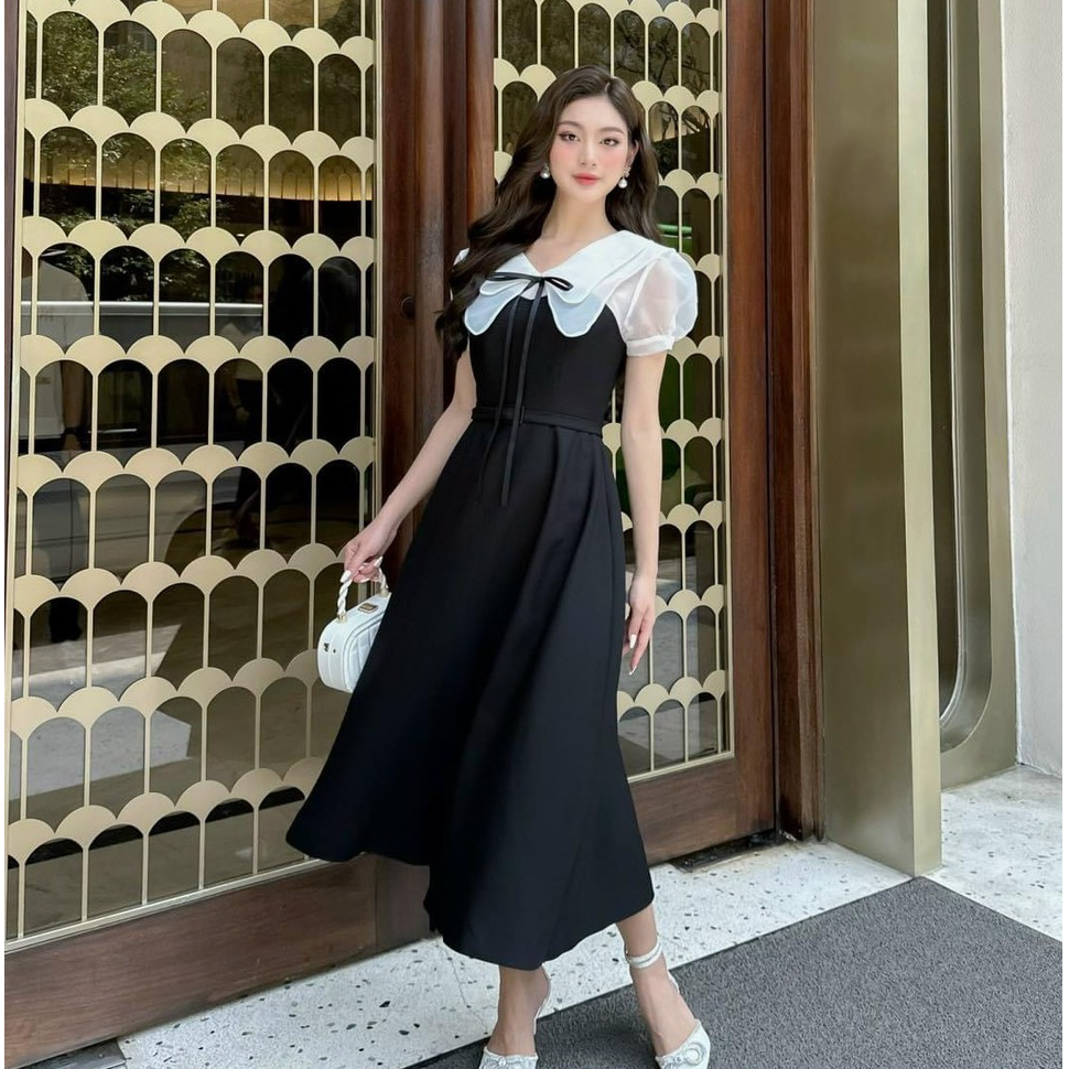 Đầm váy nữ công sở thiết kế dáng dài đen phối cổ trắng tay ngắn đi dự tiệc cưới sự kiện dạ hội sang trọng quý phái LEVAN