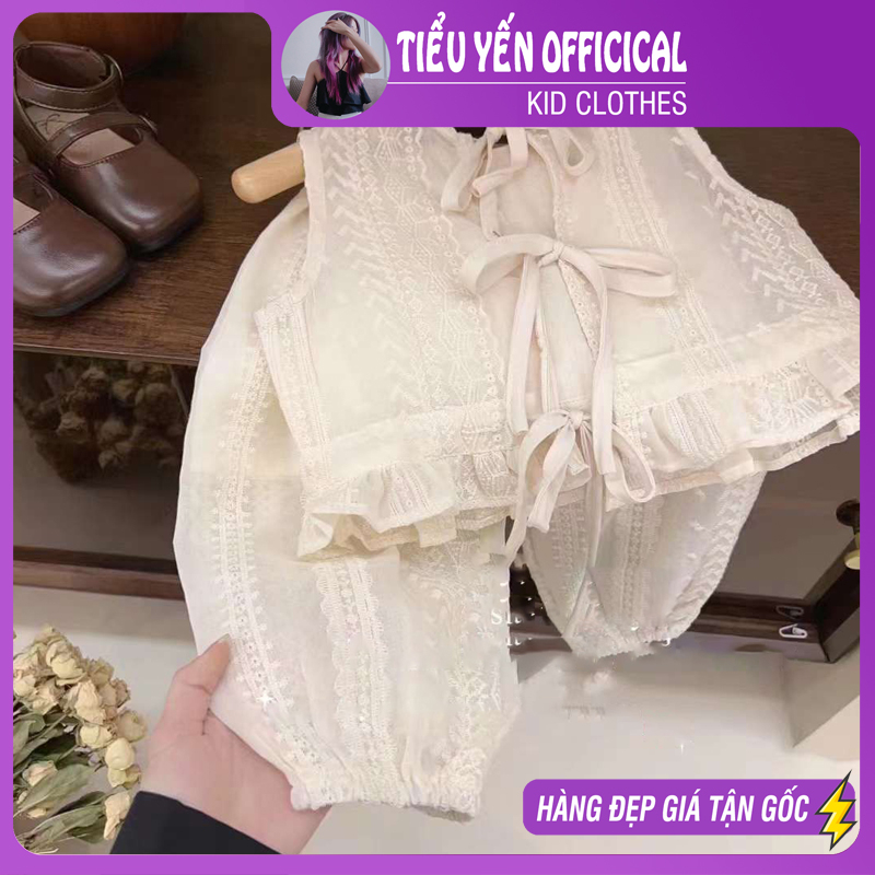 Bộ bé gái ren kem buộc dây lưng phong cách Hàn Quốc xinh xắn cho bé 8-19kg(1 - 5 tuổi) S612 | Tiểu Yến Kid