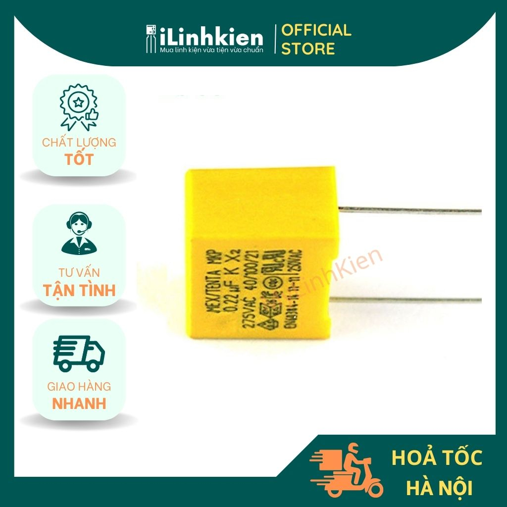 Tụ lọc nguồn AC 0.22uF 275V 224K chân 15mm chất lượng tốt.