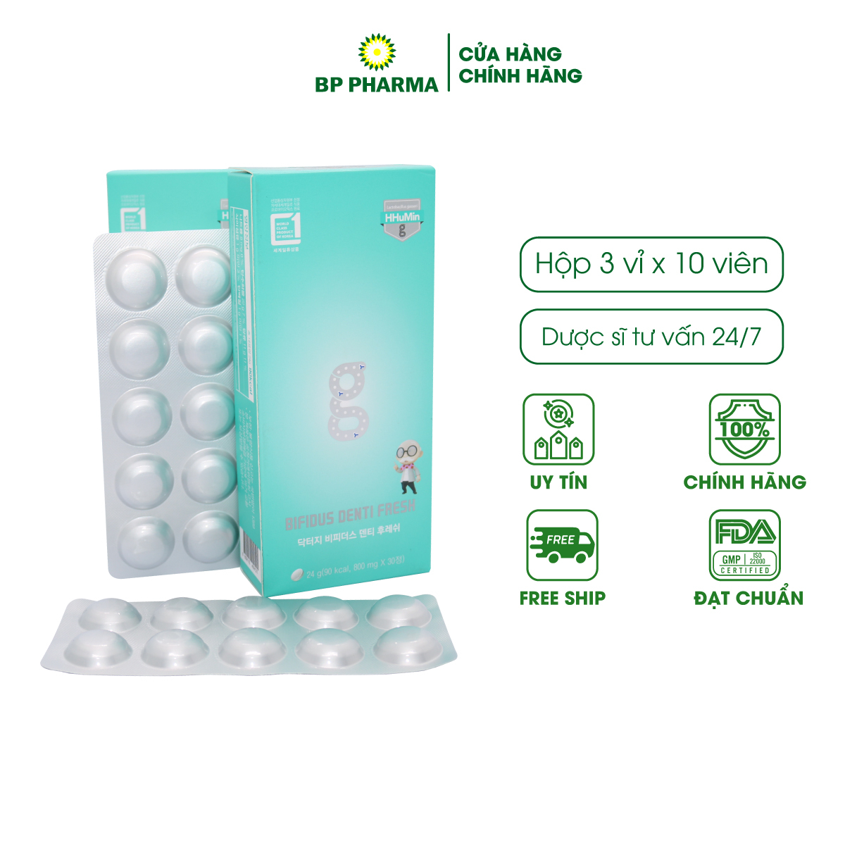 Viên Ngậm BIFIDUS DENTI FRESH Bổ Sung Lợi Khuẩn, Giúp Nướu Chắc Khỏe, Giảm Hôi Miệng Và Nguy Cơ Sâu Răng - Hộp 30 Viên