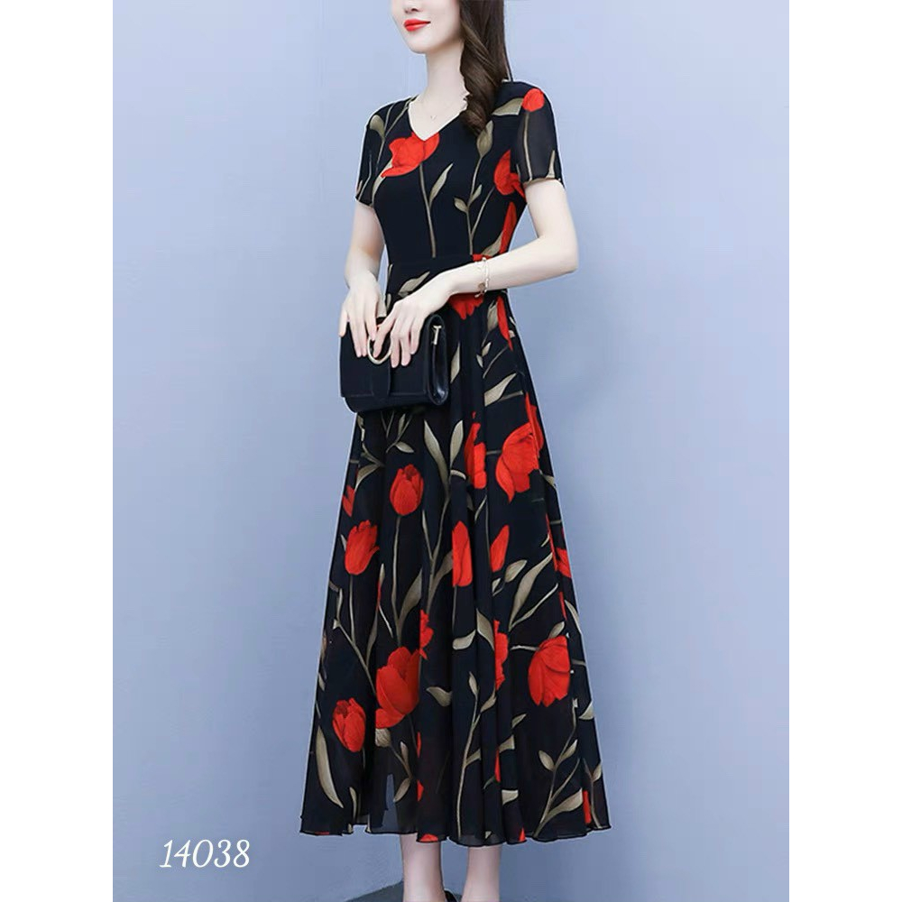 Đầm váy nữ voan hoa đỏ tay ngắn midi cổ V dự tiệc đám cưới đen cao cấp