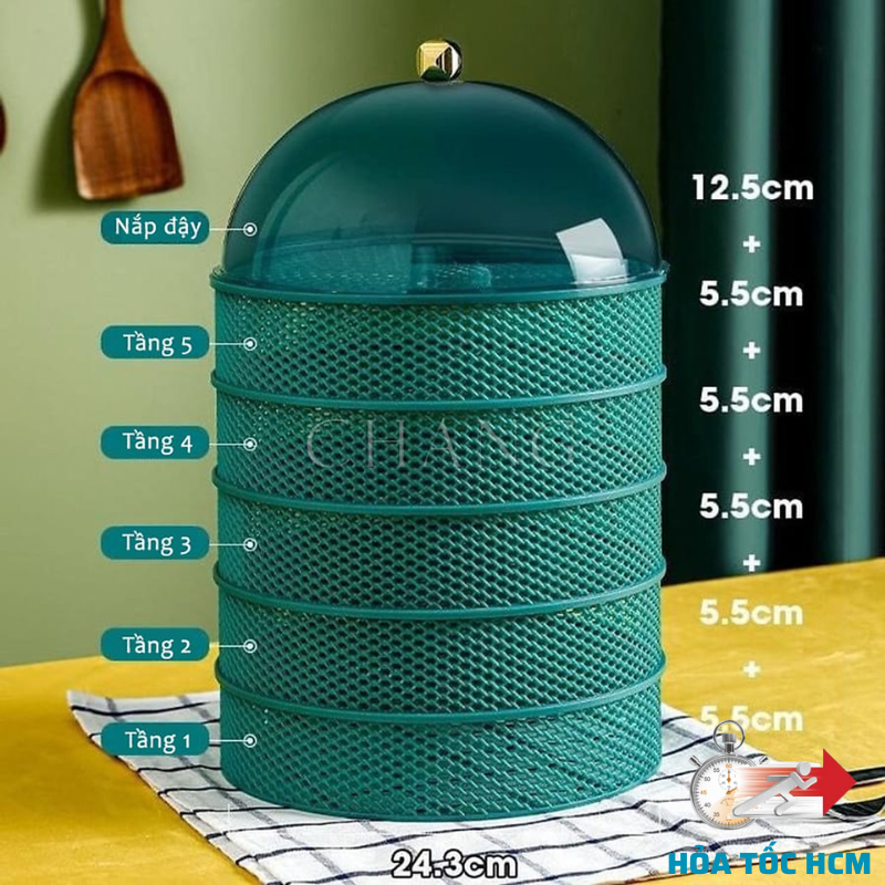 Lồng Bàn 5 Tầng, Lồng Bàn Đậy Thức Ăn Lưới Xanh Xoay 360 Độ Cao Cấp