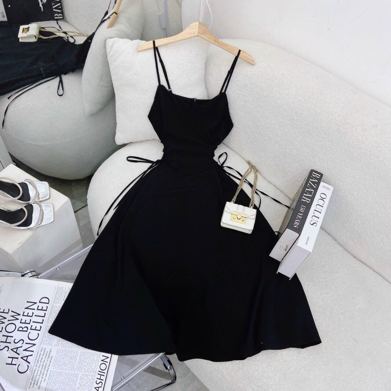 ♥️ ĐẦM MIDI ĐEN XOÈ 2 DÂY ĐAN EO - M01 ♥️