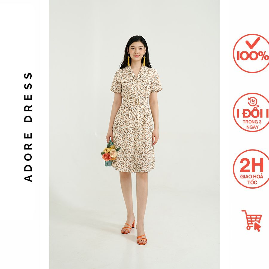 Đầm mini dresses lụa cream hoa nhí nâu cổ 2 ve 311DR1049 ADORE DRESS