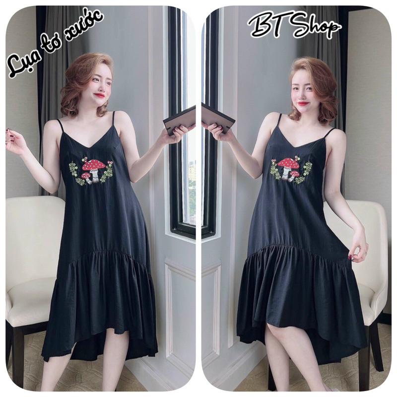Đầm váy ngủ mặc nhà lụa 2 dây màu trơn freesize 42-57kg