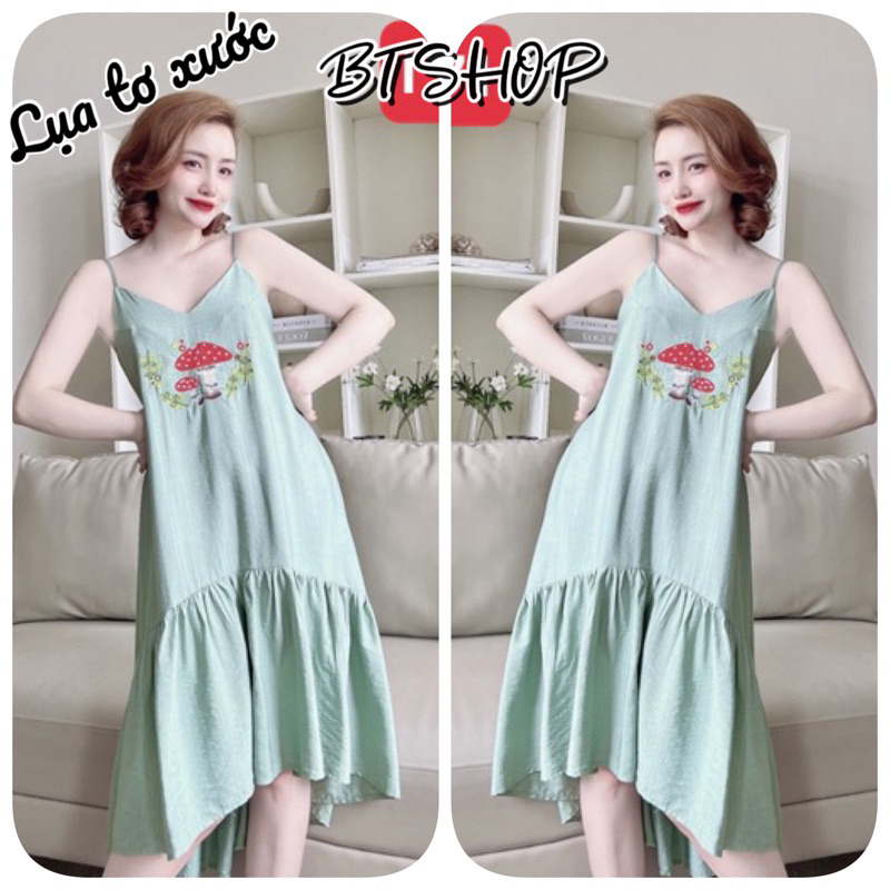 Đầm váy ngủ mặc nhà lụa 2 dây màu trơn freesize 42-57kg