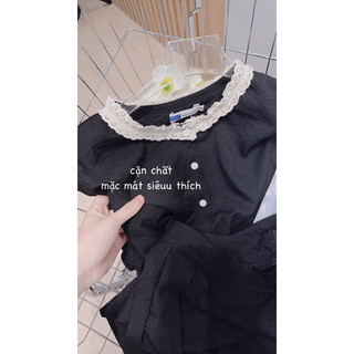 Set áo và chân váy đũi đen cổ bèo