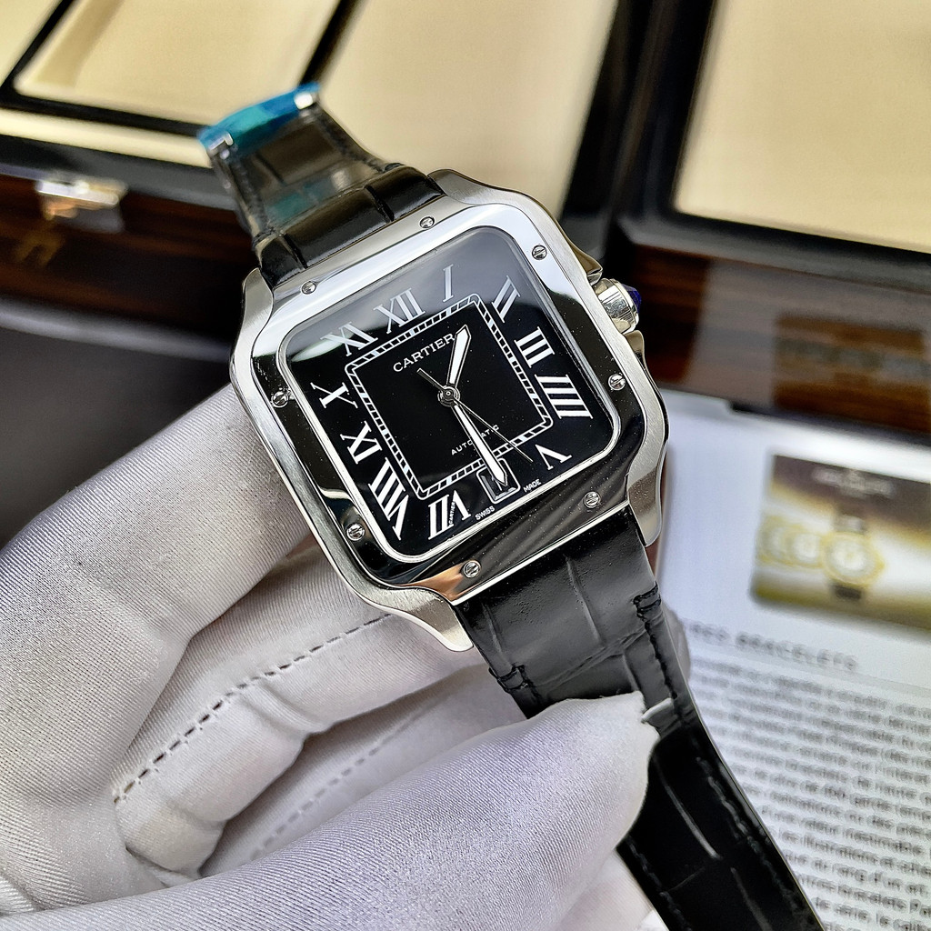 Đồng Hồ Nam @CATIER Santos Sapphire CTA225 Mặt ĐEN DÂY DA Máy Cơ Automatic Nhật