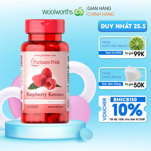 Viên uống hỗ trợ giảm cân Puritan’s Pride Raspberry Ketones 100 mg 120 viên giúp hạn chế cơ thể hấp thụ chất béo