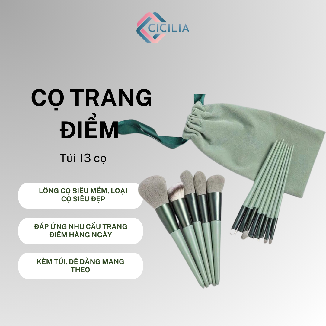 Bộ Cọ Trang Điểm Chuyên Nghiệp 13 Cây Lông Siêu Mềm Tặng Kèm Túi CICILIA 9818