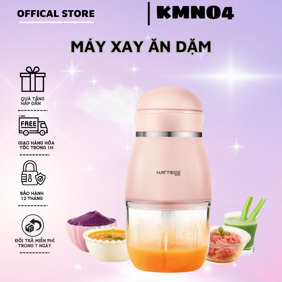 Máy xay ăn dặm cho bé Hattiecs 6 lưỡi, cối thủy tinh 0.3l, máy xay thực phẩm thịt cá, rau củ đa năng bảo hành 12 tháng