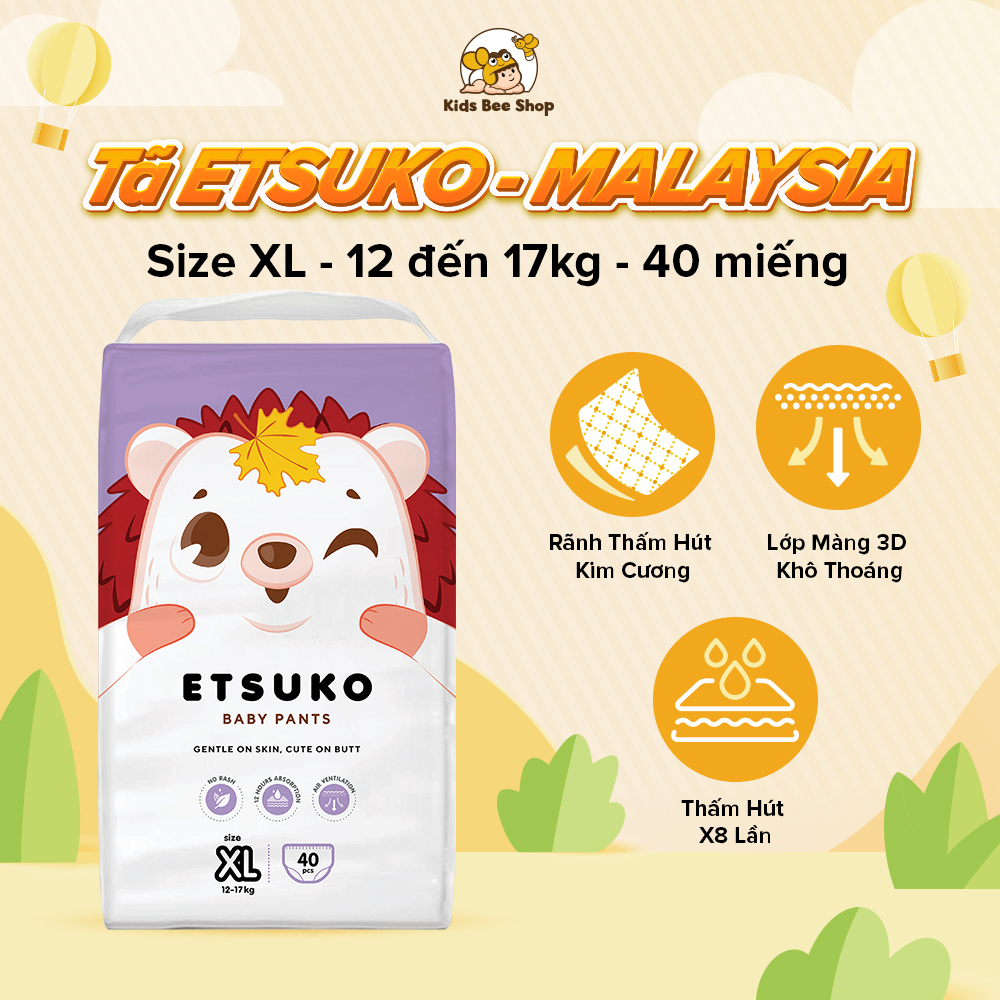 Tã quần ETSUKO Malaysia, Chống Hăm, Chống Tràn - Size XL - Cho Bé Từ 12kg đến 17kg - 40 miếng