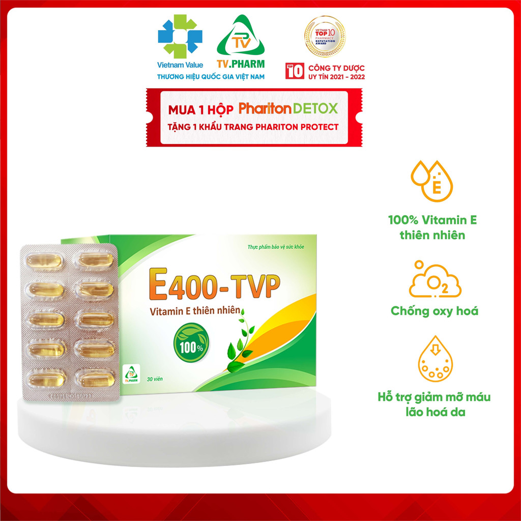 Thực phẩm bảo vệ sức khỏe E400 –TVP - Bổ sung Vitamin E thiên nhiên, Hỗ trợ làm đẹp da, chống oxy hóa, lão hóa da (30v)