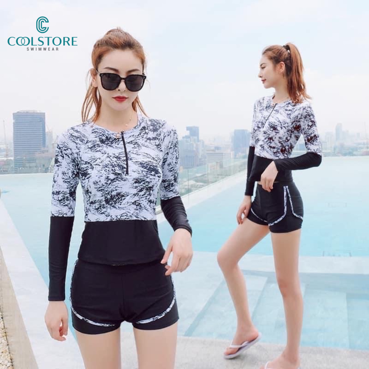 Bộ đồ bơi quần đùi, áo dài tay kín đáo che tia cực tím