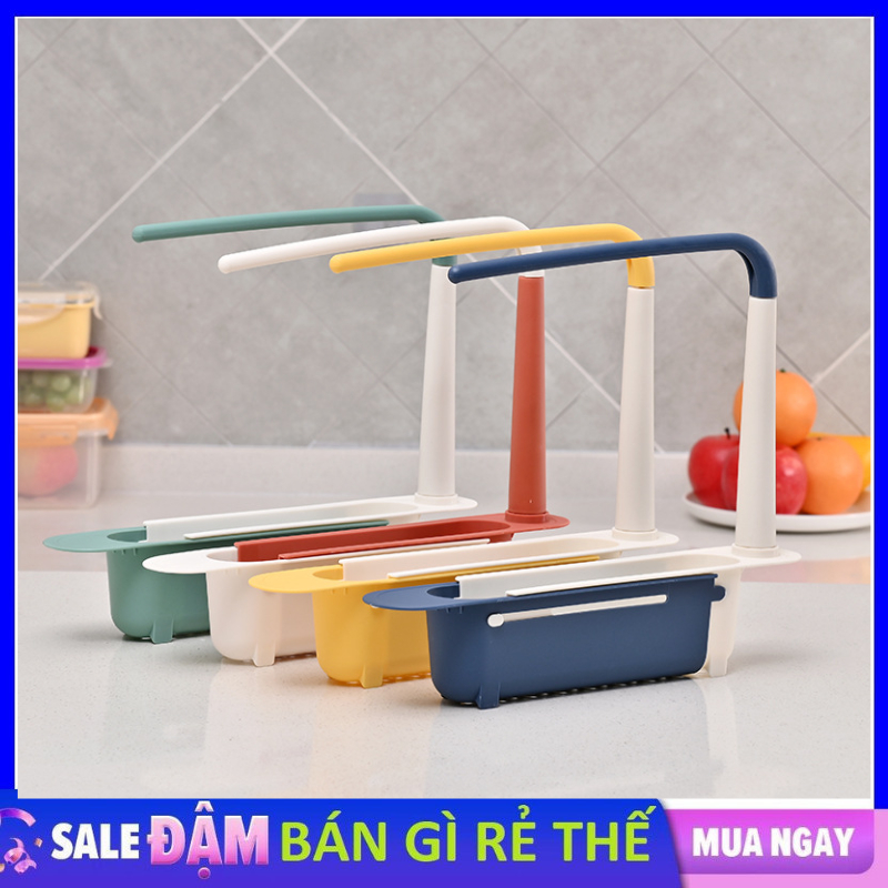 Khay đựng đồ rửa bát có thanh treo khăn, rổ nhựa treo bồn rửa chén có khả năng điều chỉnh chiều dài, có lỗ ráo nước