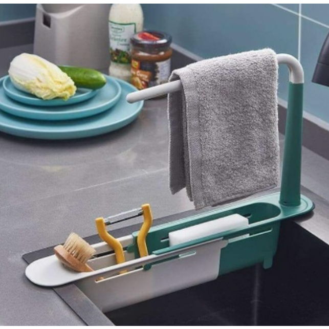 Khay đựng đồ rửa bát có thanh treo khăn, rổ nhựa treo bồn rửa chén có khả năng điều chỉnh chiều dài, có lỗ ráo nước