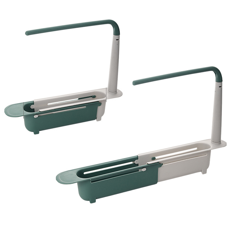 Khay đựng đồ rửa bát có thanh treo khăn, rổ nhựa treo bồn rửa chén có khả năng điều chỉnh chiều dài, có lỗ ráo nước