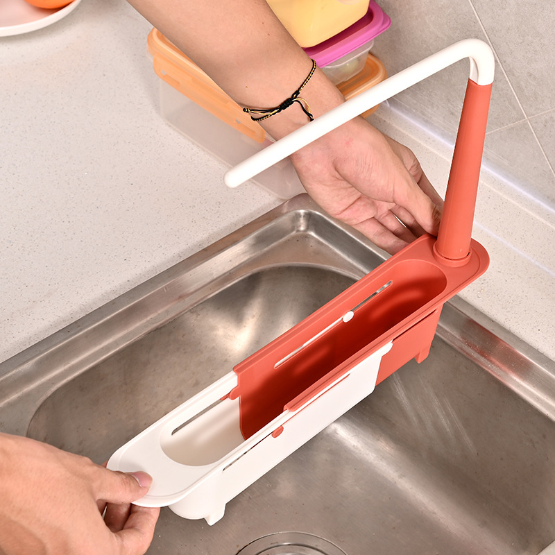 Khay đựng đồ rửa bát có thanh treo khăn, rổ nhựa treo bồn rửa chén có khả năng điều chỉnh chiều dài, có lỗ ráo nước