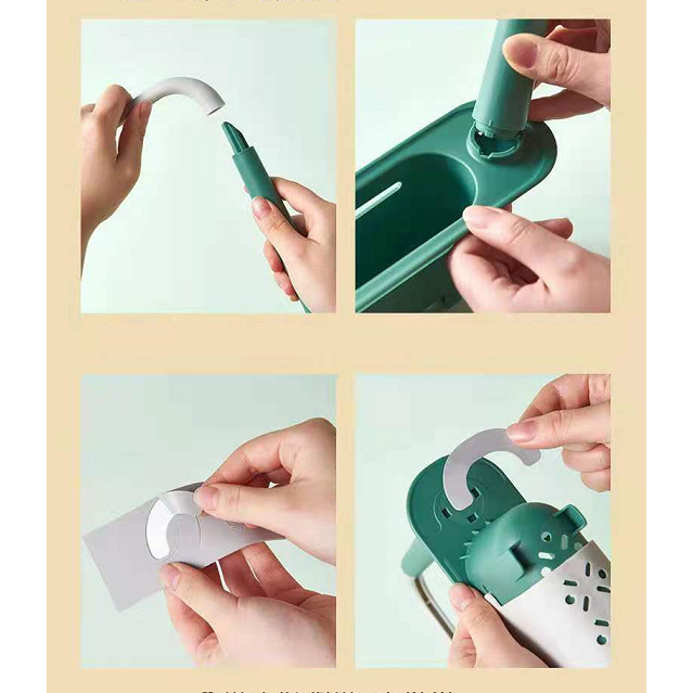 Khay đựng đồ rửa bát có thanh treo khăn, rổ nhựa treo bồn rửa chén có khả năng điều chỉnh chiều dài, có lỗ ráo nước