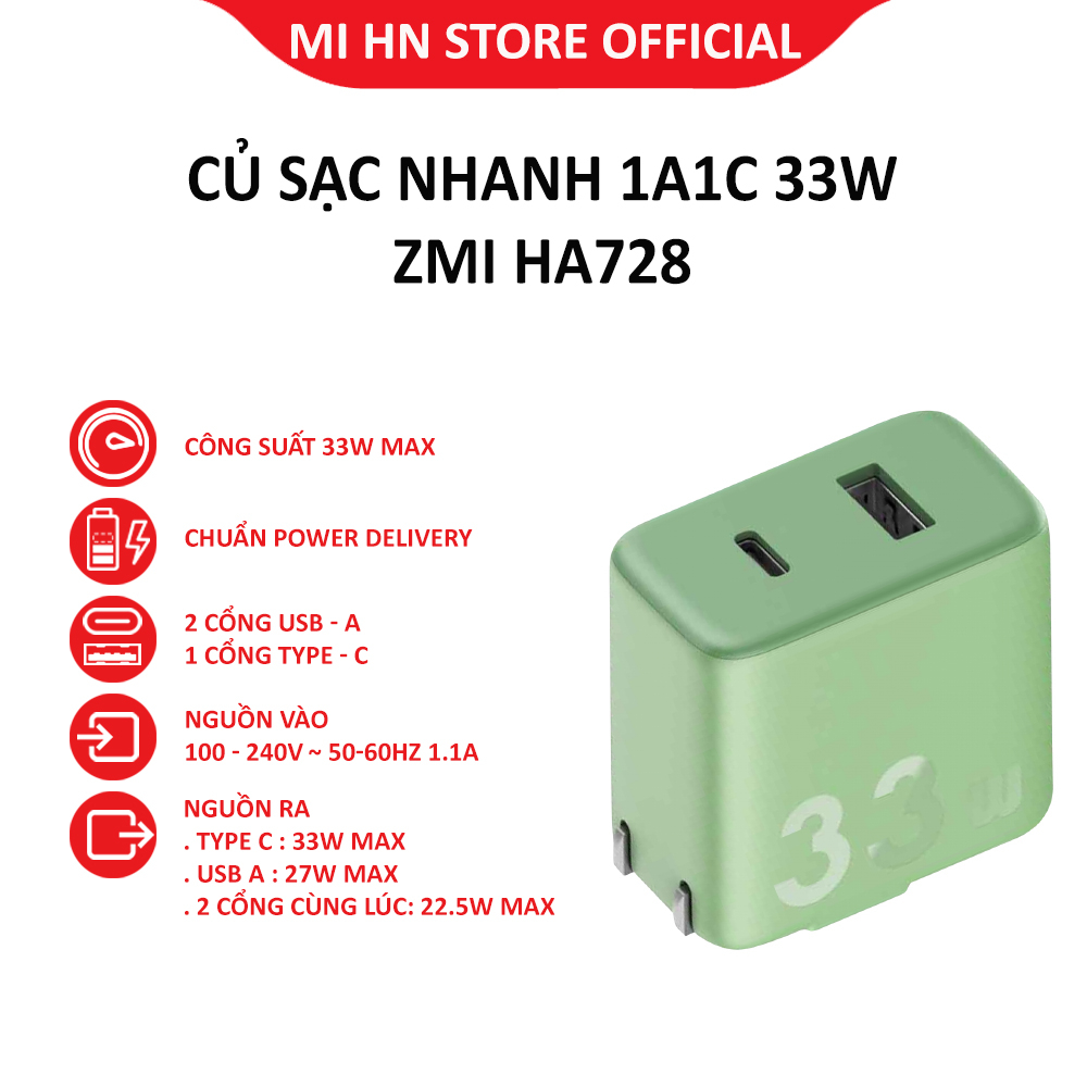 Củ sạc nhanh 1A1C 33W ZMI HA728 (Matcha Green) Không kèm dây cáp - Hàng chính hãng - Shop Mi HN Offical Store