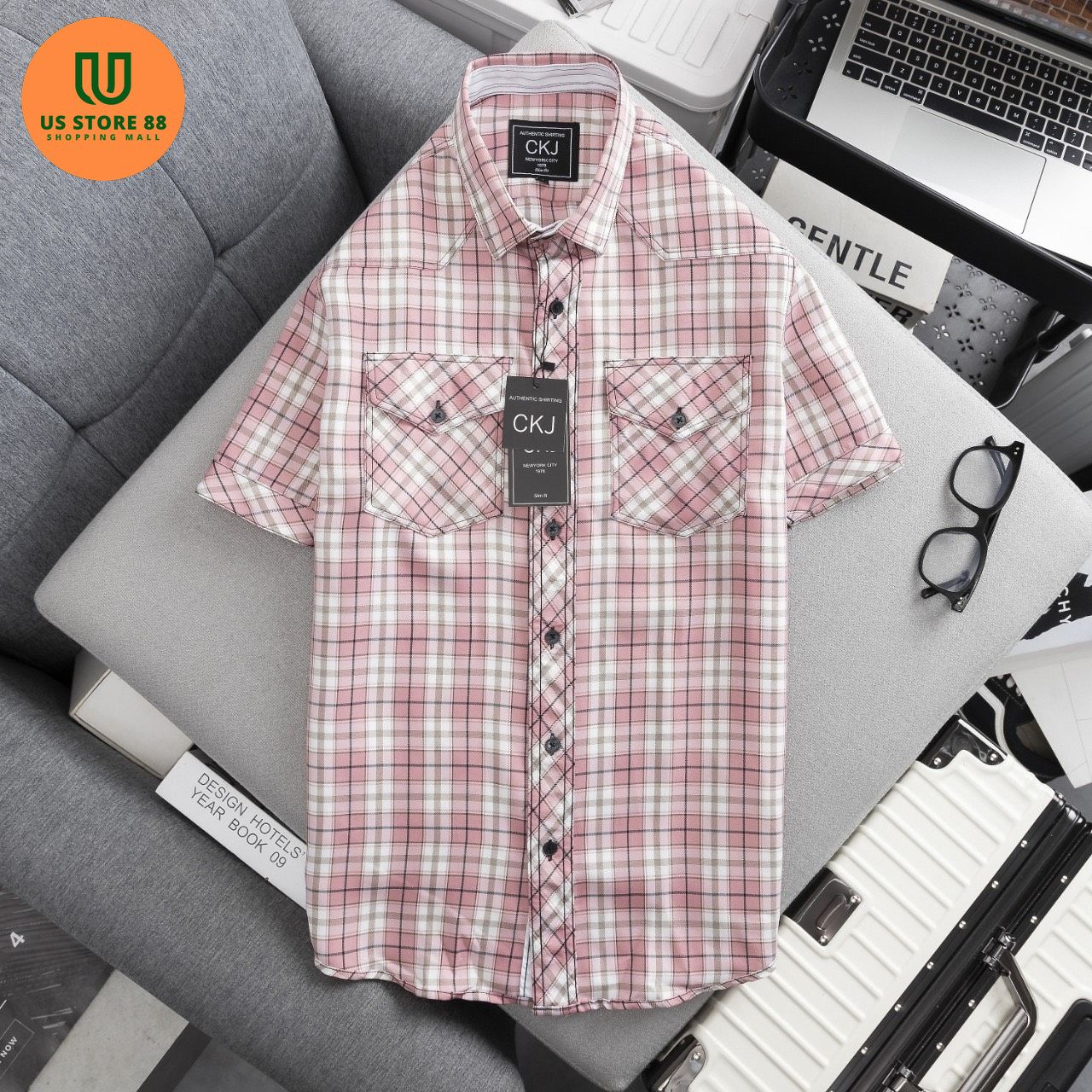 Áo sơ mi sọc caro nam tay ngắn CK hồng, chất vải cotton mềm mại, thoáng mát, ít nhăn, phong cách năng động