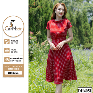 Đầm công sở CITI MODE FASHION thiết kế xòe xoè chấm bi đỏ tay hến DH4051