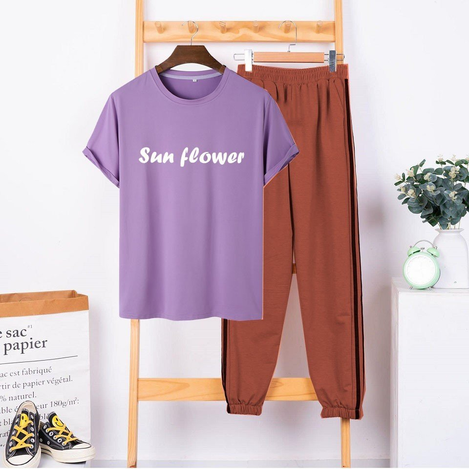Set Quần Áo DVGIT Gồm Áo Thun Ngắn Tay Mix Quần Dài Ống Rộng Thời Trang Mặc Đi Chơi, Đi Học
