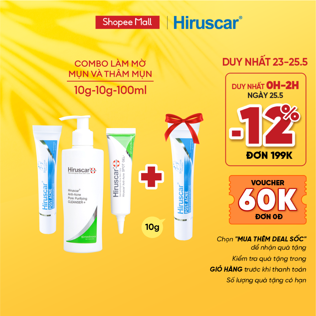 Combo Gel làm mờ sẹo mụn, thâm mụn Hiruscar Post Acne 10g, Gel chấm mụn 10g và Sữa rửa mặt 100g