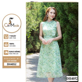 Đầm công sở CITI MODE FASHION thiết kế xoè maxi hoa nhí xanh phối cổ nơ DH4052