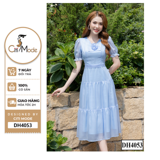Đầm công sở citi mode fashion thiết kế xoè xanh ngực đính hoa dh4053