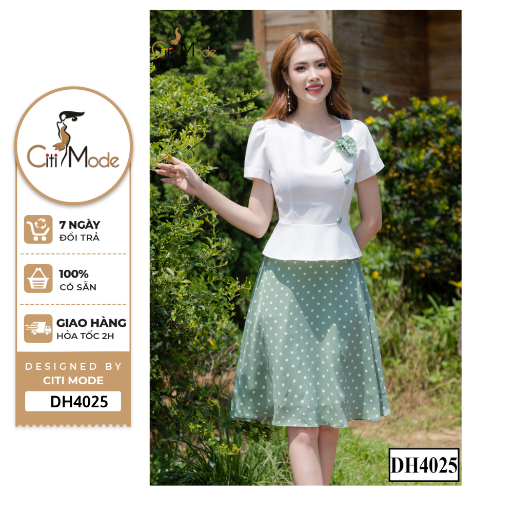 Đầm công sở CITI MODE FASHION thiết kế xoè peplum trắng phối chân váy chấm bi xanh DH4025