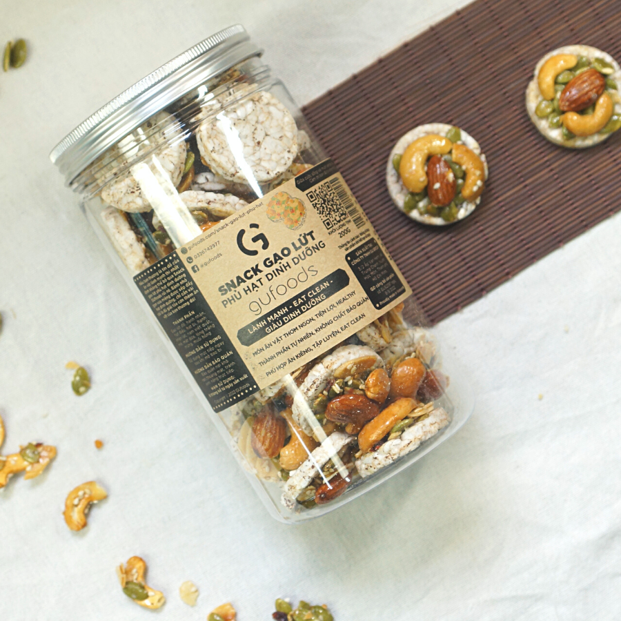 Snack gạo lứt phủ granola siêu hạt GUfoods (200g) - Ăn vặt healthy, Hỗ trợ giảm cân, Ăn kiêng, Eat clean, Thuần chay