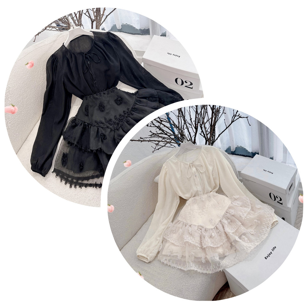 Set áo tay dài bồng + chân váy xòe hoa nổi