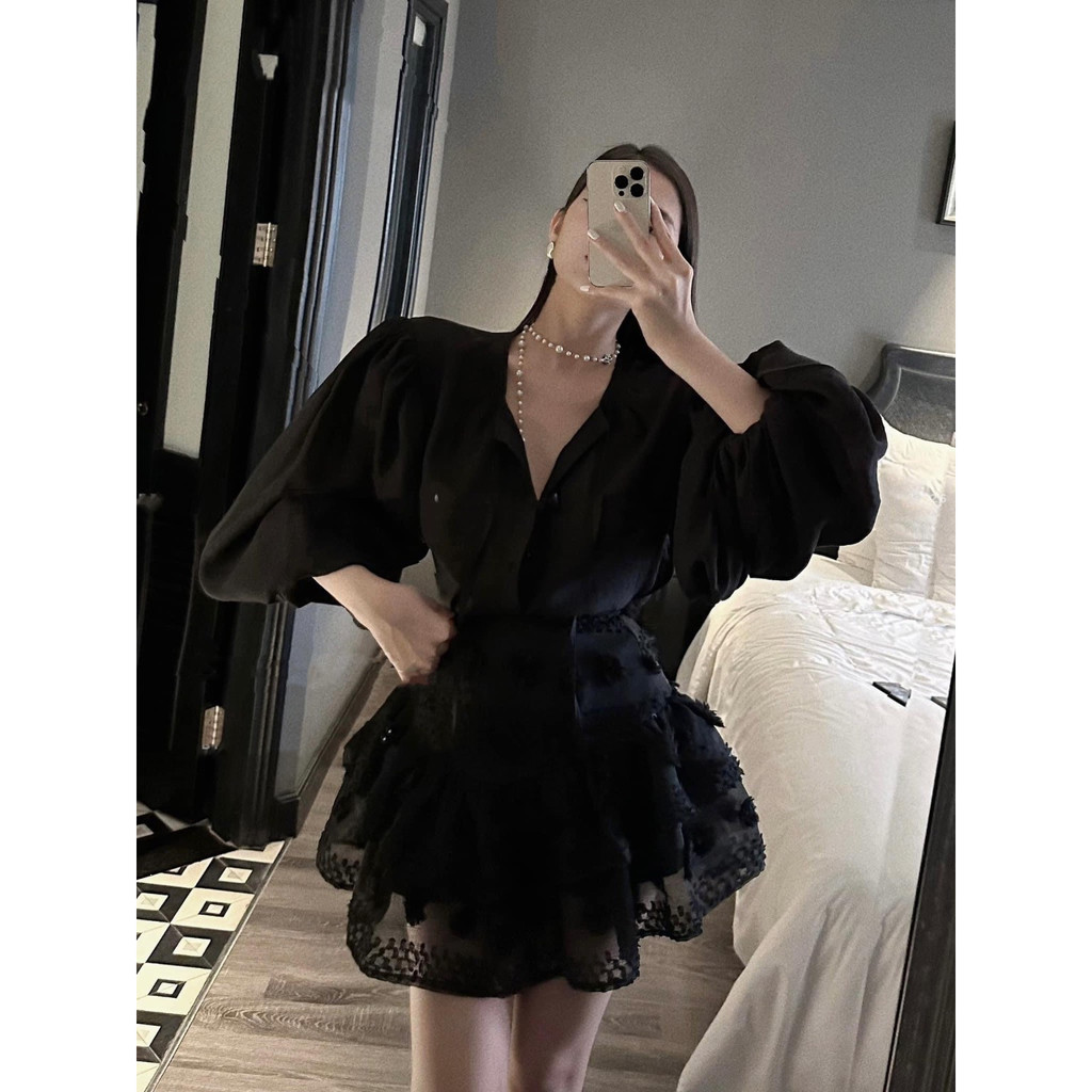 Set áo tay dài bồng + chân váy xòe hoa nổi