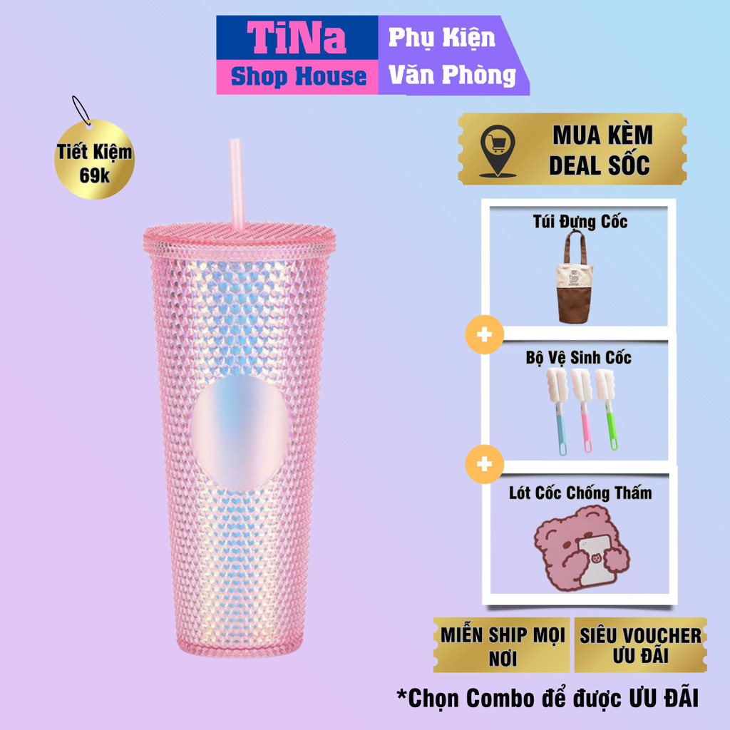 Ly Kim Cương 2 Lớp Chất Liệu PP Cách Nhiệt  - Cốc Giữ Nhiệt Đan Ô, Họa Tiết Kim Cương Tặng Kèm Ống Hút