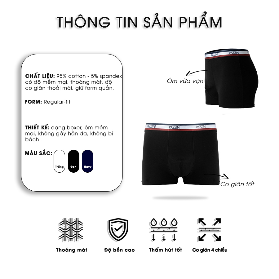 Combo 3 quần lót nam boxer PAZZINI thun cotton cao cấp, quần sịp nam co giãn 4 chiều, thấm hút kháng khuẩn tốt - BX001.